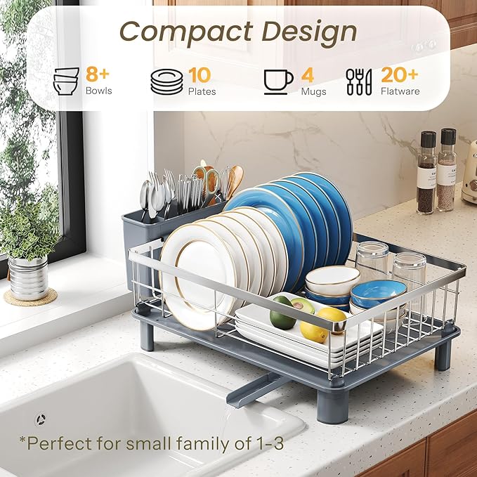 SNTD Dish Drying Rack - Small Dish Rack for Kitchen Counter, Stainless Steel Dish Drainer with Utensil Holder and Drainboard, 11" W x 15" L (Silver)