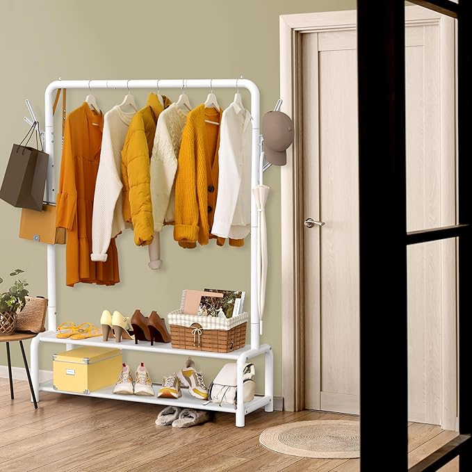 Simple Houseware 52-Inch Freestanding Closet Garment Rack with Storage Shelves and Coat/Hat Hooks, White