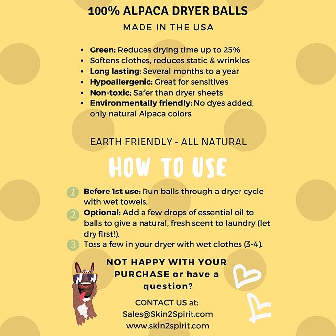 100% Natural Alpaca Dryer Balls | Organic Fabric Softener | Static Reducer | Hypoallergenic | Sustainable | Toxin Free | Handmade in USA | Reusable