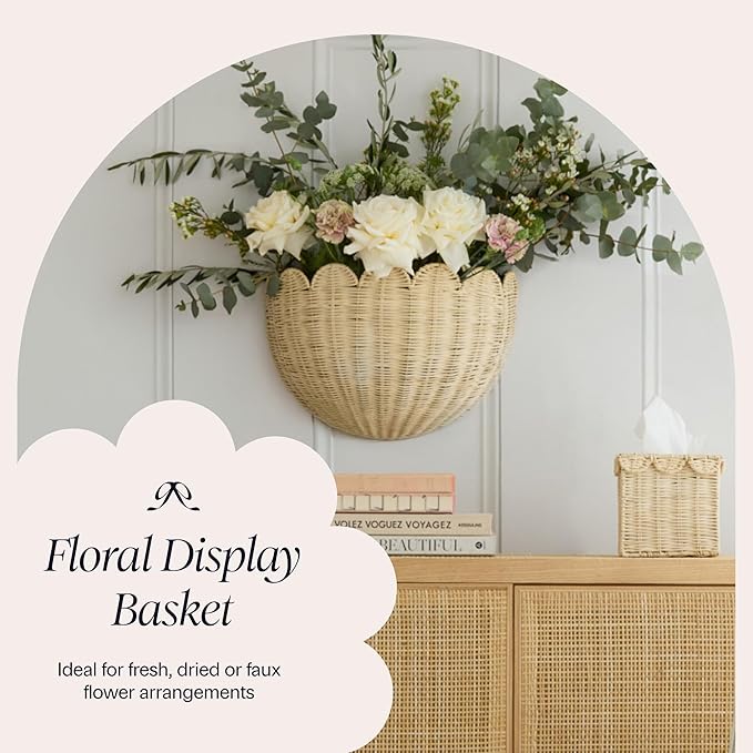 BEBE BASK Scalloped Wicker Wall Basket - The Original - Hand Woven Basket - Scalloped Décor Wall Hanging Baskets -16" x 10" x 7"In - Hanging Wall Basket (Natural)