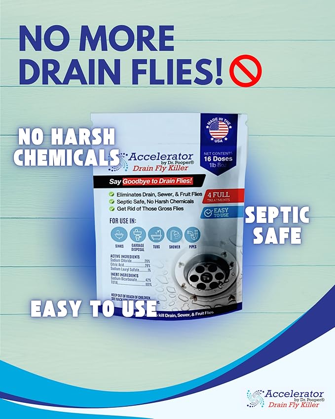Drain Fly Killer Powder – Eliminates Drain Flies & Sewer Flies in Drains, Sinks, Showers – Fast-Acting Treatment - Septic Safe & Made in USA