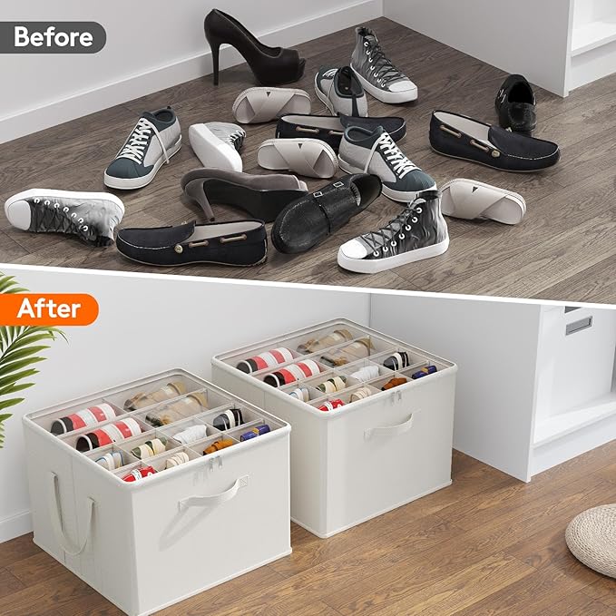 Lifewit Shoe Storage Organizer for Closet, Fabric Large Shoe Box Storage Containers with Clear Cover, Foldable Bins for Boots Heels Sneakers Fits 24-32 Pairs (Each 12-16 Pairs) 2 Pack White