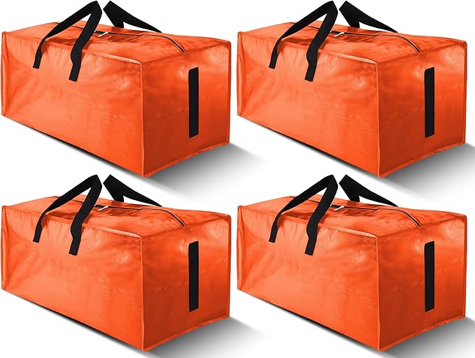 HOMESURE 4 Pack Large Strong Moving Bags with Zippers & Carrying Handles - Water-Resistant - Heavy Duty Storage Tote for Space Saving, Fold Flat, Alternative to Moving Box (Orange)