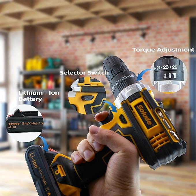 SOLUDE Cordless Drill,12V Power Drill Set with 2 Pack 3.0AH Li-ion Battery, 3/8” Keyless Chuck, 2 Variable Speed,25+1 Position and 23pcs Drill/Driver Bits
