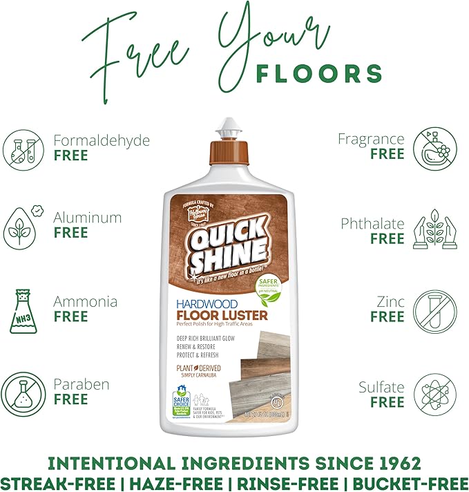 Quick Shine Hardwood Floor Cleaner & Wood Floor Polish w/Plant-Derived Carnauba 27oz Bottles,Removes Scratches,Safer Choice,A Clean That Can Be Seen,(Pack of 4)