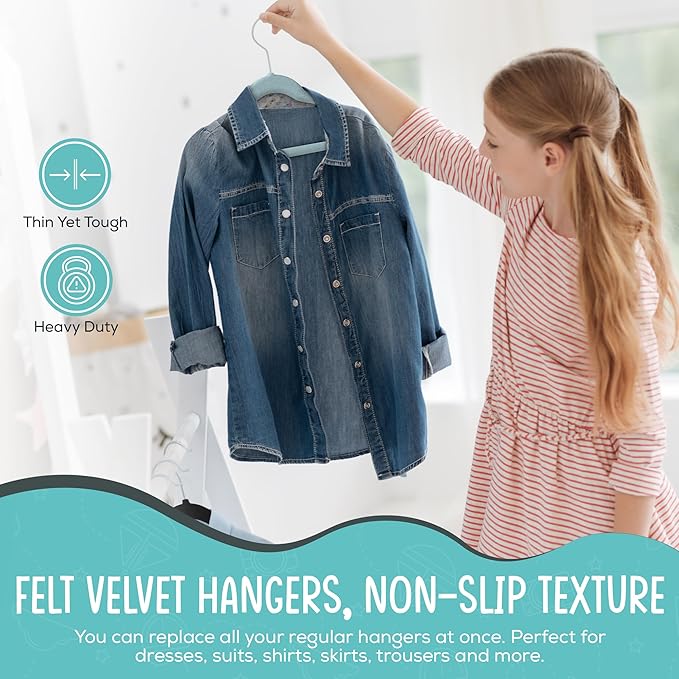 TechZoo 50 Premium Kids Velvet Hangers - 14" Non-Slip Ultra Slim Space-Saving Clothes Hangers with 360° Swivel Hook - Strong & Durable Hangers for Children & Preteens Wardrobe - Blue