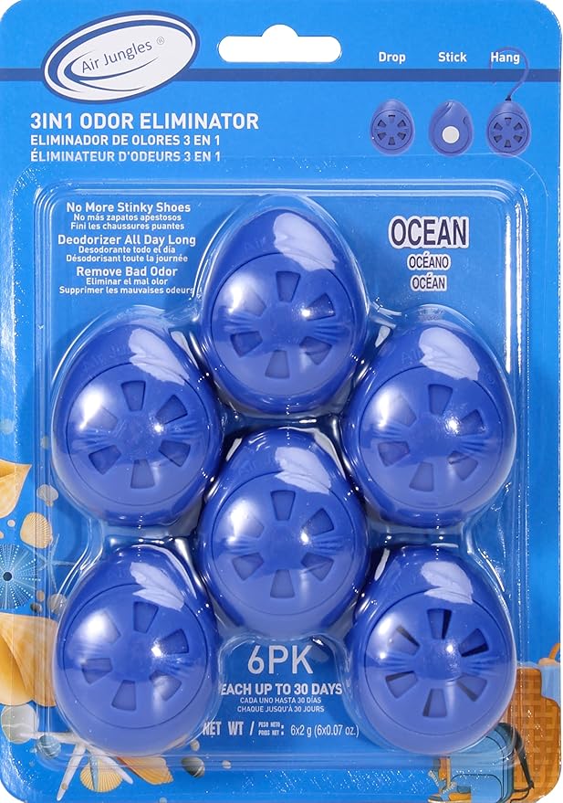 Air Jungles Shoe Deodorizer Balls 6 Ct, Ocean Scent, Odor Remover Balls for Sneakers, Gym Bags, Lockers, Closets, Hampers, and Drawers, Essential Oil Provides Natural Freshness