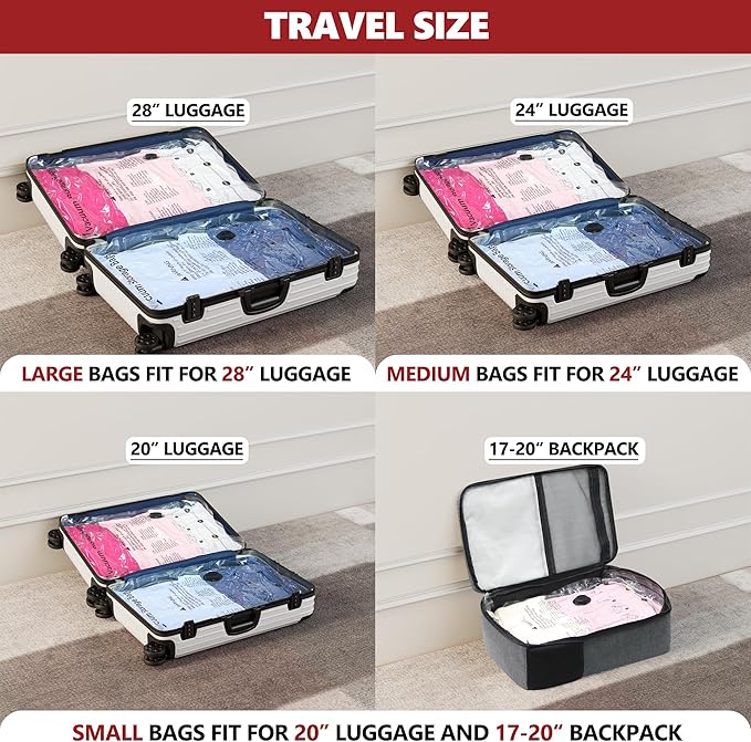 Vacuum Bags for Travel with Rechargeable Pump, 10 Large Compression Packing Seal Bags for Luggage Suitcase, Space Saver for Clothing and Clothes Storage Travel
