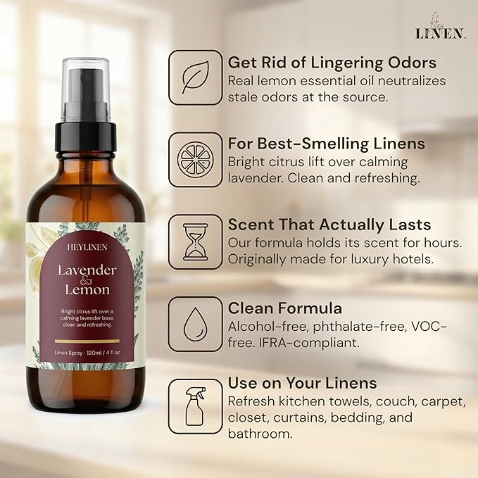 Lavender & Lemon Linen Spray | Clean Refreshing Aromatherapy Made with Pure Essential Oils | Fabric Freshener & Deodorizer for Carpet Kitchen Laundry Bathroom | 4 fl oz