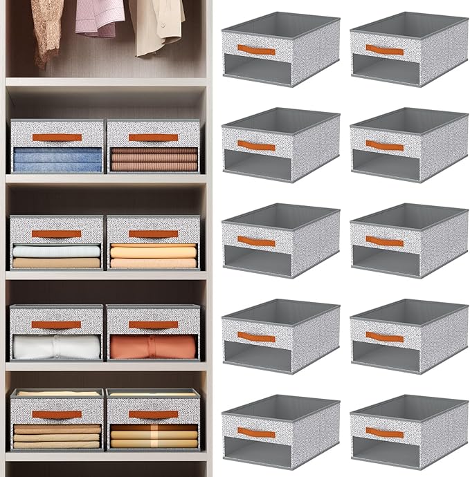 Homsorout Drawer Organizers and Storage - 10 Pack Foldable Pants Organizer with Clear Window & Handles, Fabric Closet Organizer for Clothes, Jeans, Sweaters, Towels, T-shirt, Scarf (Ant Light Gray)
