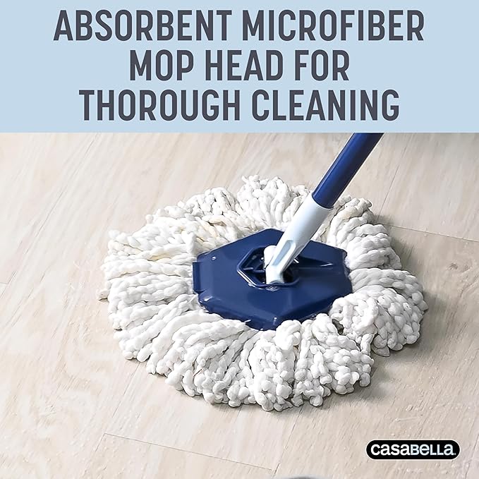 Casabella Spin Mop System with Extra Mop Head Refill - Two-Bucket Design with Splash Guard Built-in Measuring Cup and Scraper Tool with Easy Wring Pedal Spinner, 1.25-Gallon, Blue