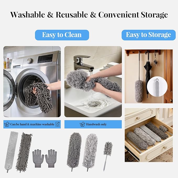 Microfiber Feather Duster Kit with Extension Pole, 7 PCS Washable Reusable Duster for Cleaning, 100'' Bendable Extendable Long Duster with Stainless Steel Pole for High Ceilings, Fans, Furniture & Car