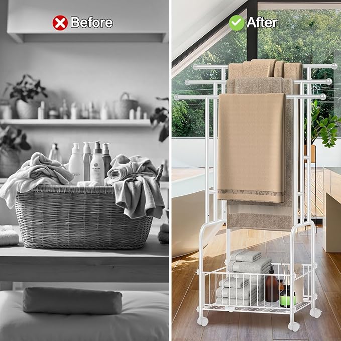 Freestanding Towel Rack for Bathroom, 3-Tier Durable White Metal Stand with Wheels and Basket, Towel Drying Rack, Multi-Use Blanket Rack for Indoor/Outdoor Bathroom