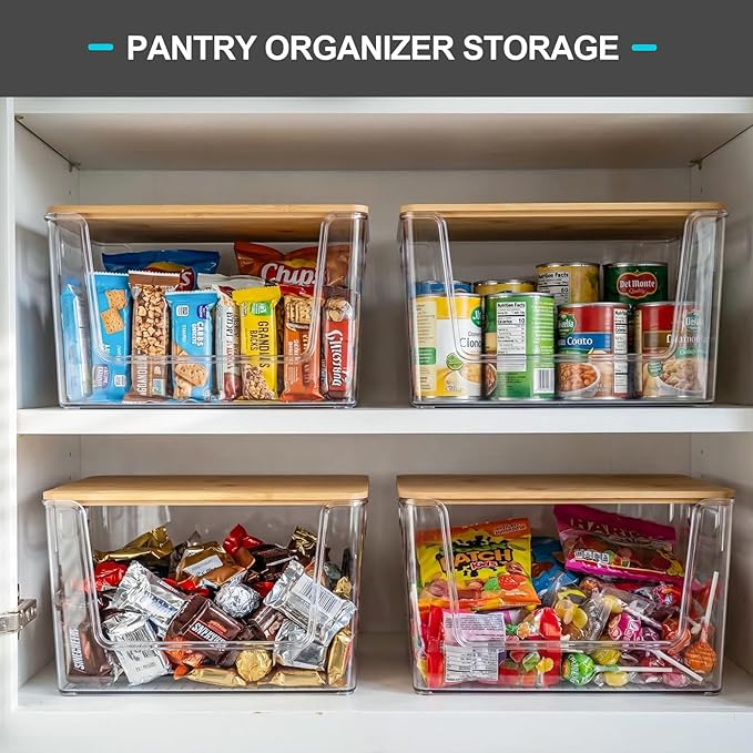 Pantry Organizers Storage, 2 Pack Large Capacity Clear Storage Bins with Bamboo Lids for Onion, Potato, Garlic, Canned Food, Under Sink Organizer Kitchen Countertop Organizer
