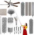 15-Piece Microfiber Feather Duster Set with Extension Pole (16.1" to 100"), Bendable Flat Duster for Under Appliances, Cobweb & Ceiling Fan Duster for Cobweb, Ceiling Fan, Blind, Furniture