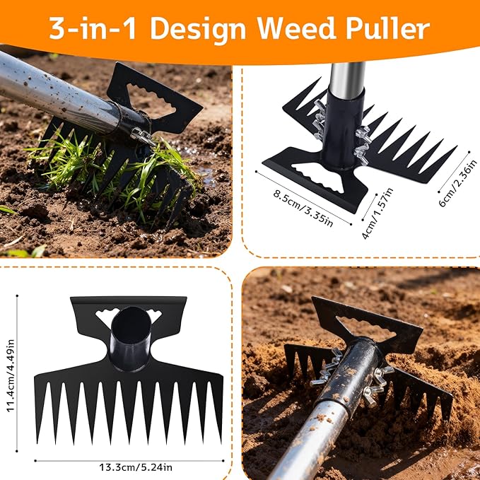 Stainless Steel Weed Puller Tool - Detachable 4-Section Handle with Saw Blade Weeder, 59" Root Remover for Lawn, Garden & Yard