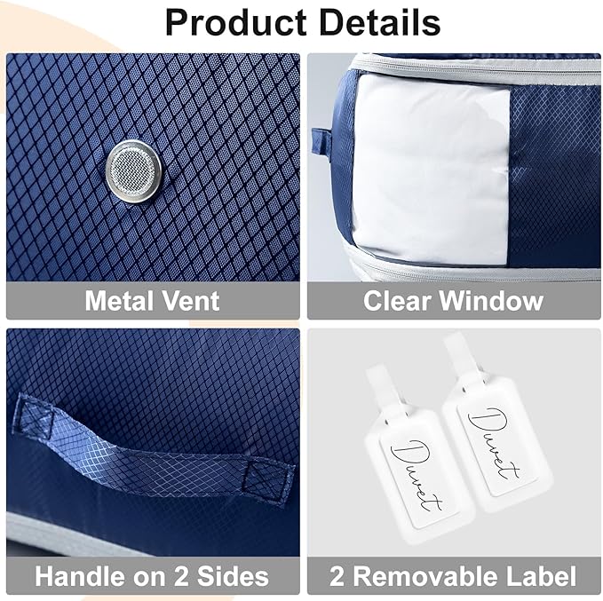 Comforter Storage Bag - Large Capacity Blanket Storage Bags 3-Layer Ultra Space Saving Self Compression Organizer, Washable Compression Bags for Storage Comforter Blanket, 2-Pack, Navy Blue
