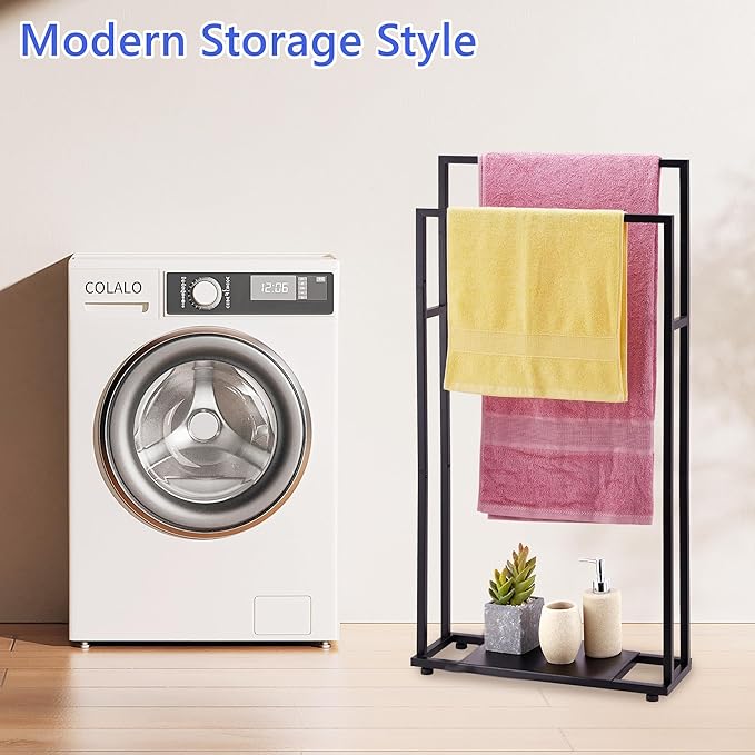 Towel Racks for Bathroom, 39'' Tall 2 Tier Bathroom Towel Stand with Storage Shelves, Modern Standing Pool Drying Rack for Outdoor, Black, ALHAKIN