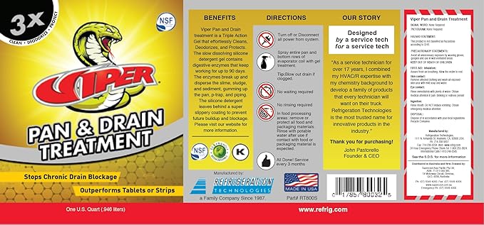 Refrigeration Technologies Viper Pan & Drain Treatment 1 Qt, Yellow RT800S (2)