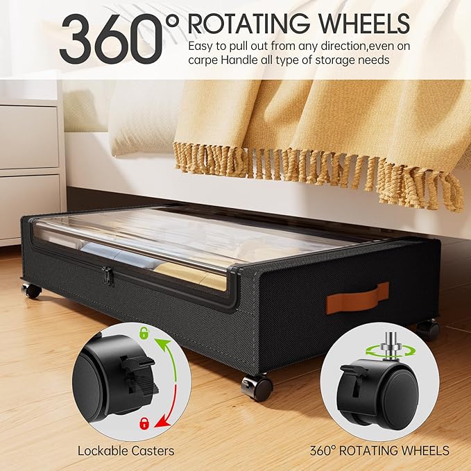 Yecaye 4 Pack Under Bed Storage with Wheels, Under Bed Storage Containers with Lids, Large Under Bed Rolling Storage with Clear Window & Label, Rolling Drawers for Clothes, Blankets, Books