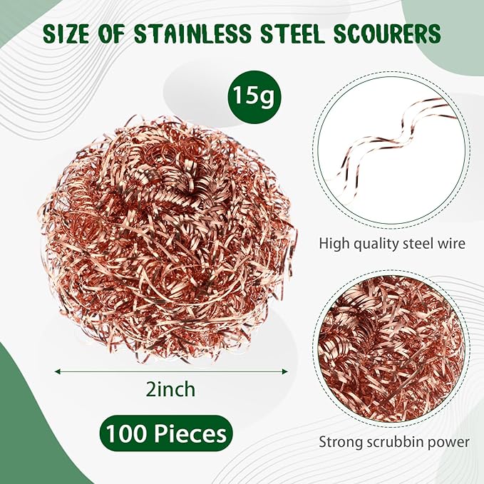 Yinkin 100 Pieces Stainless Steel Scrubber Bulk Steel Wool Scrubber Metal Sponge Wire Scouring Pad Heavy Duty Clean Dish Pot Pan and Oven for Kitchen, Bathrooms, and More (Copper)