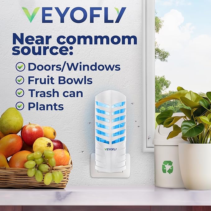 VEYOFLY Fruit Fly Trap Indoor (1 Device + 3 Refills), Gnat Catcher, Plug-in Light Insect Trap for House, Bug Killer