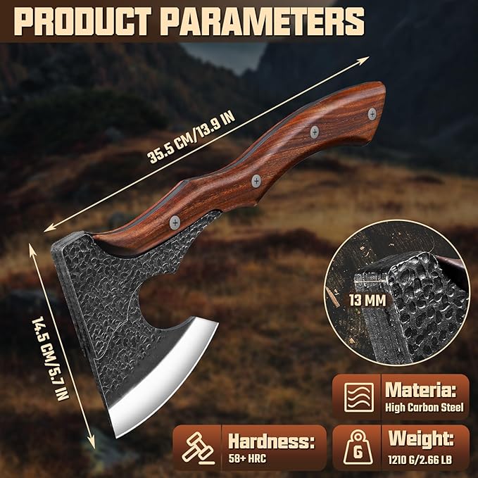 Purple Dragon Camping Hatchet Axe with Sheath - 14" Hand Forged Survival Hatchet for Wood Chopping, Splitting & Carving, Bushcraft Axe for Outdoor & Garden Work with Full Tang Wood Handle, Men's Gift
