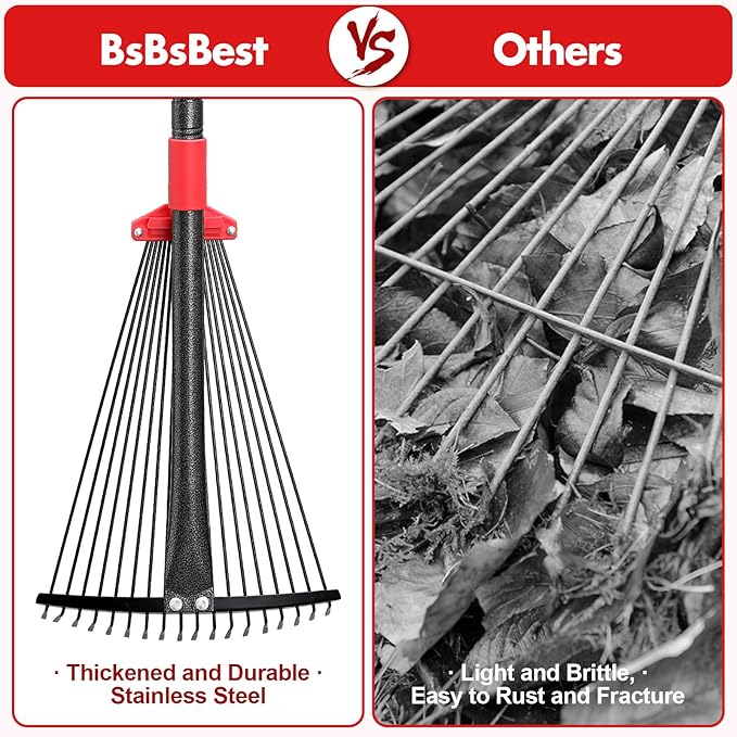 BsBsBest 75 Inch Rake for Leaves with 18 Metal Tines 10-18" Expandable Head Rakes Adjustable Handle for Lawn Leaf Rake Yard Tools for Collecting Leaves, Grass Clippings, Garbage
