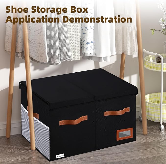 Supowin Shoe Organizer for Closet, Foldable Shoe Storage Bins with Lid & Adjustable Dividers, Fabric Shoe Box Storage Containers with Four Reinforced Handles, Fits 20 Pairs, 1 Pack, Black