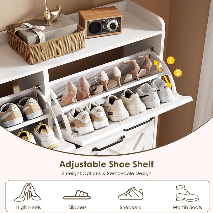 Nicetree Shoe Cabinet with 4 Flip Drawers, Freestanding Shoe Organizer Cabinet with Metal Legs, Farmhouse Slim Shoe Rack Cabinet for Entryway, Foyer, Hallway, White