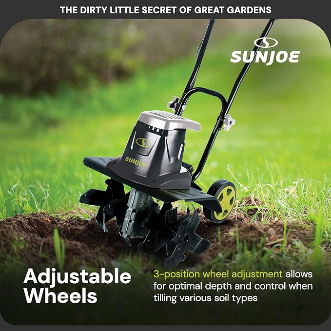 Sun Joe Electric Garden Tiller and Cultivator with 3 Position Height Adjustment Maximum 12-inch Cultivating Width and 8 Amp Motor, TJ602E