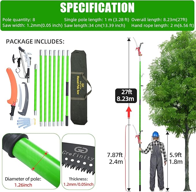 Manual Pole Saw for Tree Trimming, 27 FT Manual tree purner with 8 Fiberglass Handles, Sharp steel Blade and Heavy-Duty Giant Scissors, Extendable Design for Tree Maintenance, Green