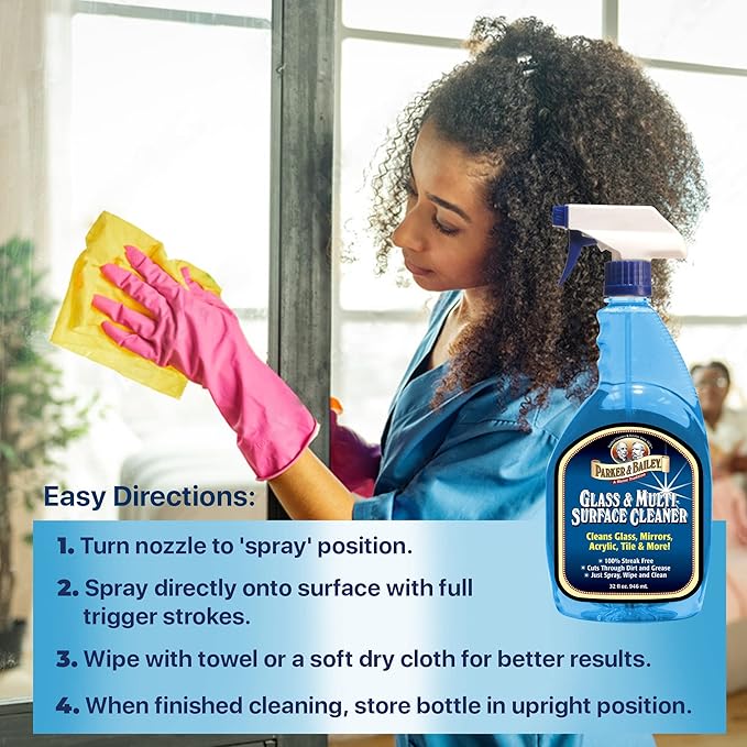 Parker & Bailey Glass & Multi-Surface Cleaner - Glass Cleaner Spray Multi Surface Cleaner Cleaning Spray Mirror Cleaner Tile Cleaner Bathroom Cleaner Multipurpose Cleaning Supplies, 32 Oz