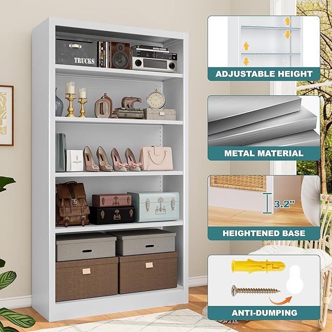 Heavy-Duty Steel Open Storage Cabinet with Adjustable Shelves, 5-Tier Shelving Unit, Easy Assembly Freestanding Organizer for Pantry,Office, Living Room,Bookshelf(White, 5 Tier-55"H x 27.6"W x 11.8"D)
