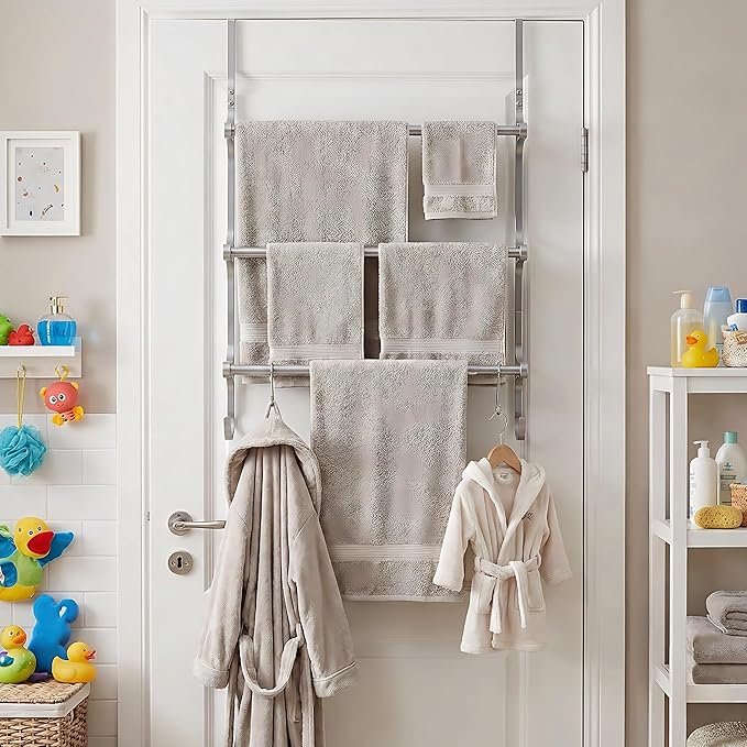 CANYAVE Over The Door Towel Rack, Over Door Towel Rack for Bathroom Door, Triple Towel Storage Holder with Hooks (Silver)