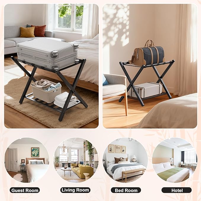 Black Luggage Racks Set of 2, Bamboo 26.77" Luggage Rack Stand for Guest Room, 5 Nylon Straps, Foldable Suitcase Stand with Storage Shelf for Bedroom Hotel, Holds up to 165 Lbs