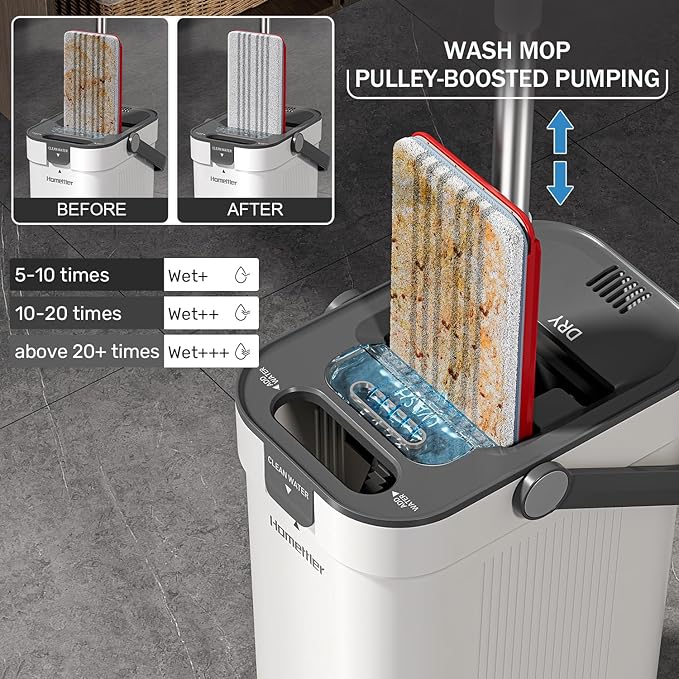 Mop and Bucket Set, 3-Tank Flat Mop and Bucket System for Separate Dirty & Clean Water, 65" Mops for Floor Cleaning with 6 Washable Pads, Safe for Hardwood, Vinyl, Tile, Baseboards, Walls