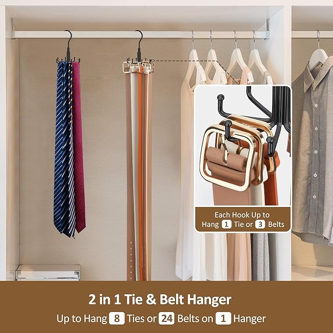 ZEDODIER Tie Hanger for Closet, Rotatable Tie Organizer for Men with 8 Hooks, Heavy Duty Space Saving Tie Rack for Ties and Belts, Black