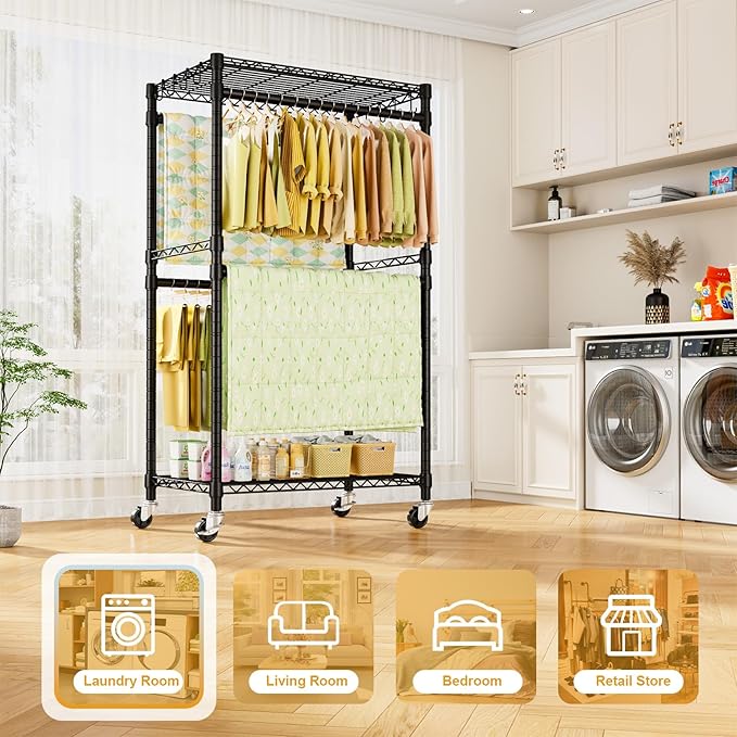 ULIFHOME P4 Rolling Clothes Rack Heavy Duty, Clothing Racks for Hanging Clothes, Freestanding Garment Racks with Wheels, Metal Portable Closet Rack 35.5''W × 20.5''D × 80.5''H, Max Load 560Lbs, Black