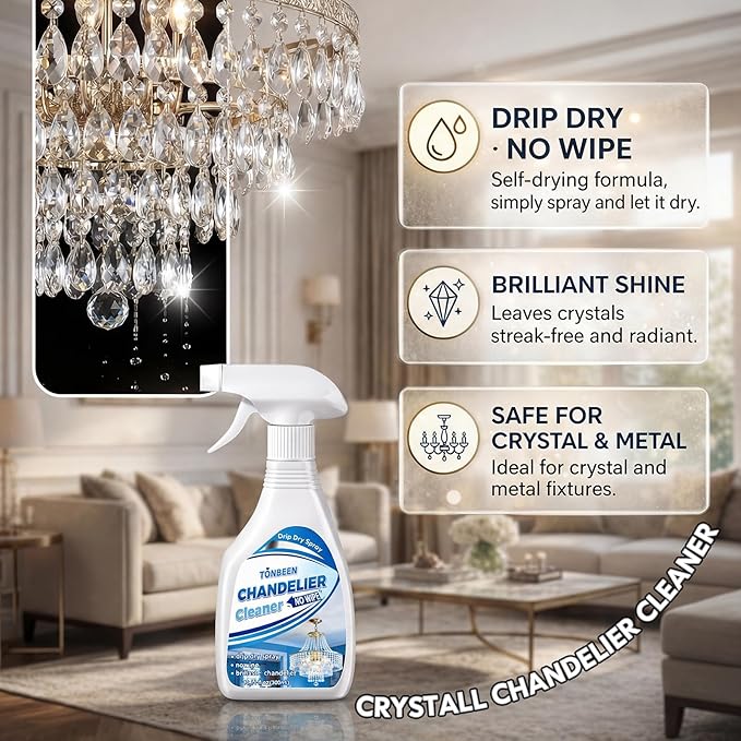 Chandelier Cleaner Drip Dry Spray No Wipe - No Wipe Streak Free Dust Remover for Crystals, Glass & Window Screens, 1PK