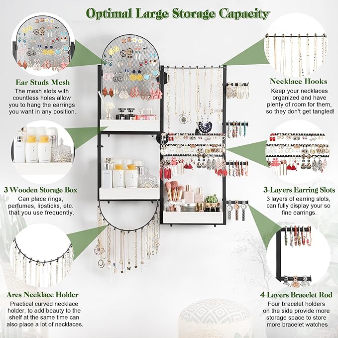 Keebofly Wall Mount Hanging Jewelry Organizer - Large Display Holder for Earrings, Rings, Necklaces, Bracelets, Watches and Perfume - White