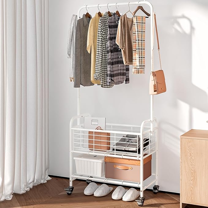 SUOERNUO Laundry Basket with Wheels Rolling Laundry Hamper Laundry Sorter Cart Shelf Hanging Rack,White