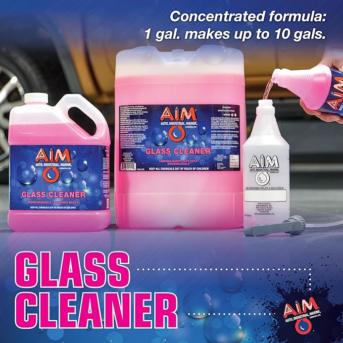 AIM Chemicals Ammoniated Glass Cleaner Concentrate - Streak-Free Shine for Windows, Cars, Homes, Offices - Dilutes 10:1 - Removes Dirt, Grime, Fingerprints - Ideal for Glass Spray Bottles - 5 Gal