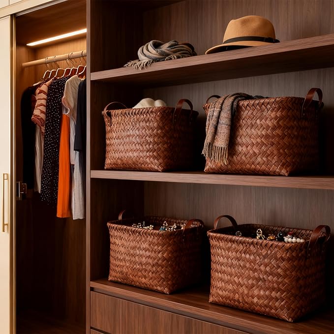 10pcs 15L Laundry Baskets Waterproof Storage Basket For Shelves Large Laundry Hamper With Leather Handle -Cube Organizer Woven Bins for Bathroom,Bedroom,Pantry,Clothes,Car Towels-Brown