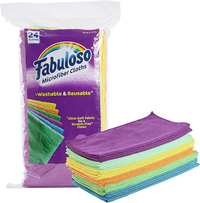 Fabuloso Microfiber Cleaning Cloths for Home & Car, Lint-Free Scratch-Free Rags for Glass, Kitchen & Wood, Reusable Machine Washable, Absorbent for Dusting & Wiping, Rainbow, 13 x 13 in, 24 Count
