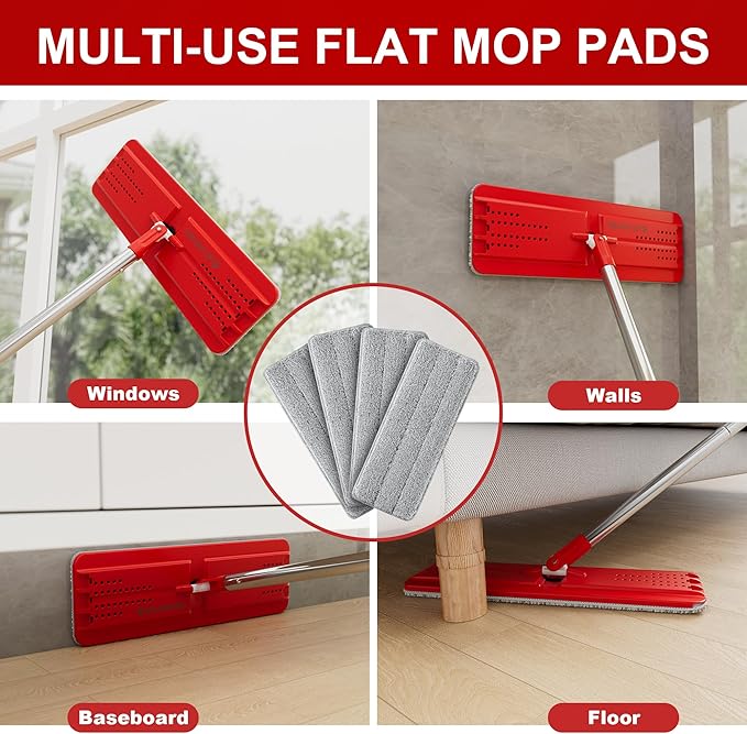 Flat Mop Pads, Reusable Mop Cleaning Refills, Microfiber Pads for BOSHENG Flat Mop or Mop Bucket System, Pack of 4 Washable 13-Inch Mop Heads - Grey