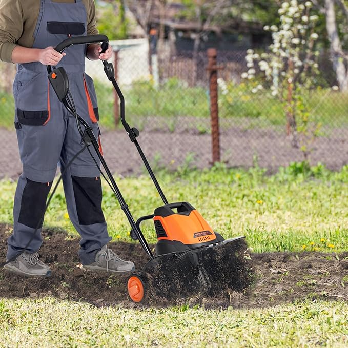VEVOR 12 Amp Electric Tiller, 18" Tilling Width & 3.94" Tilling Depth, Corded Electric Cultivator with Adjustable Wheels, Steel Mn Tines, Rototiller for Garden Lawn Easy Soil Digging Cultivation