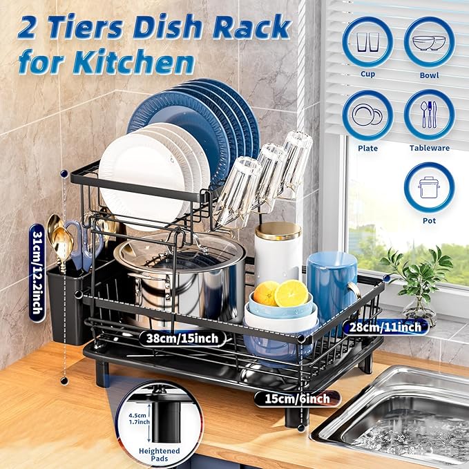 GAOKASE Dish Drying Rack, Stainless Steel-Dish Rack, Dish Racks for Kitchen Counter, Kitchen Dish Drainers with Removable Utensil Holder,New Drain Outlet,Plate Rack and Drainboard (Black 3)