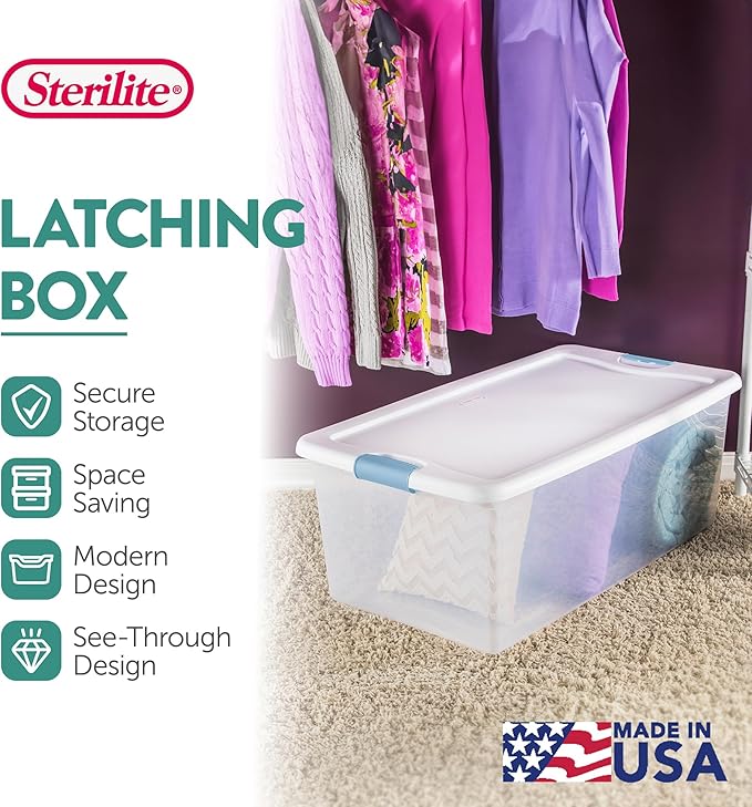 Sterilite 4-Pack Latching Box, Under Bed Storage Bins with Lids, Clear Plastic, 106 Quart - Heavy-Duty Organizing Containers for Closet, Bathroom, and Office