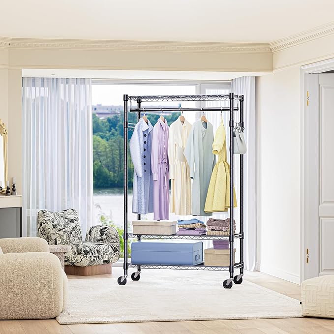 IZEUK Heavy Duty Rolling Garment Rack Wire Clothes Rack for Hanging Clothes (Black, 3 Tier with 2 Rod, 29.5" W x 15.7" D x 75" H)